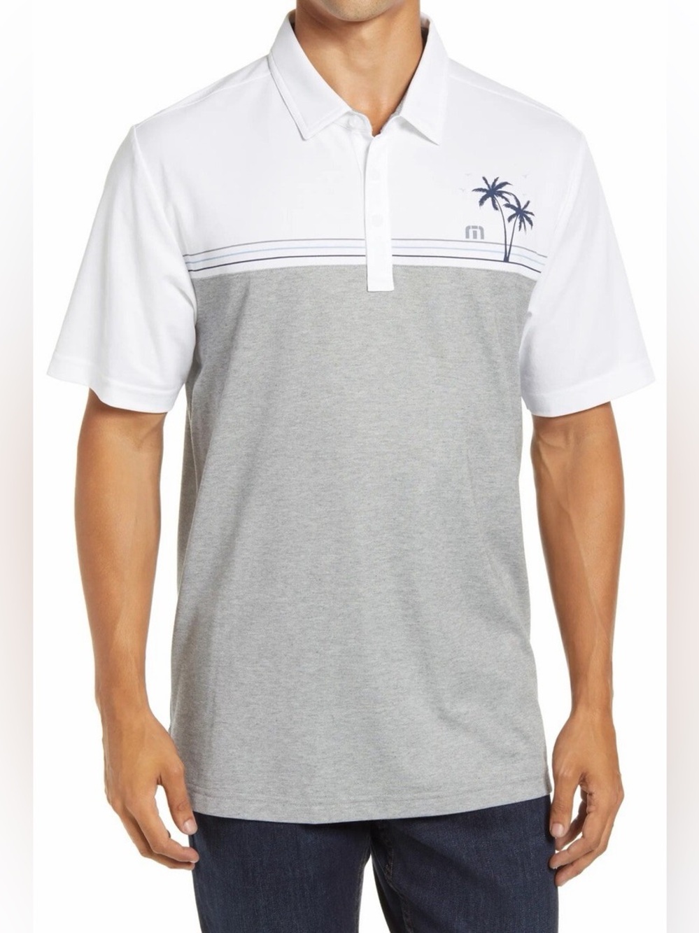NWT Travis Mathew Solar Power Slim Fit Polo - White / Palm Tree Print
